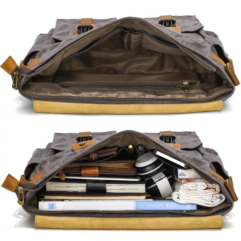 sac messager en toile de style vintage marron avec compartiments de rangement GoHappy.fr