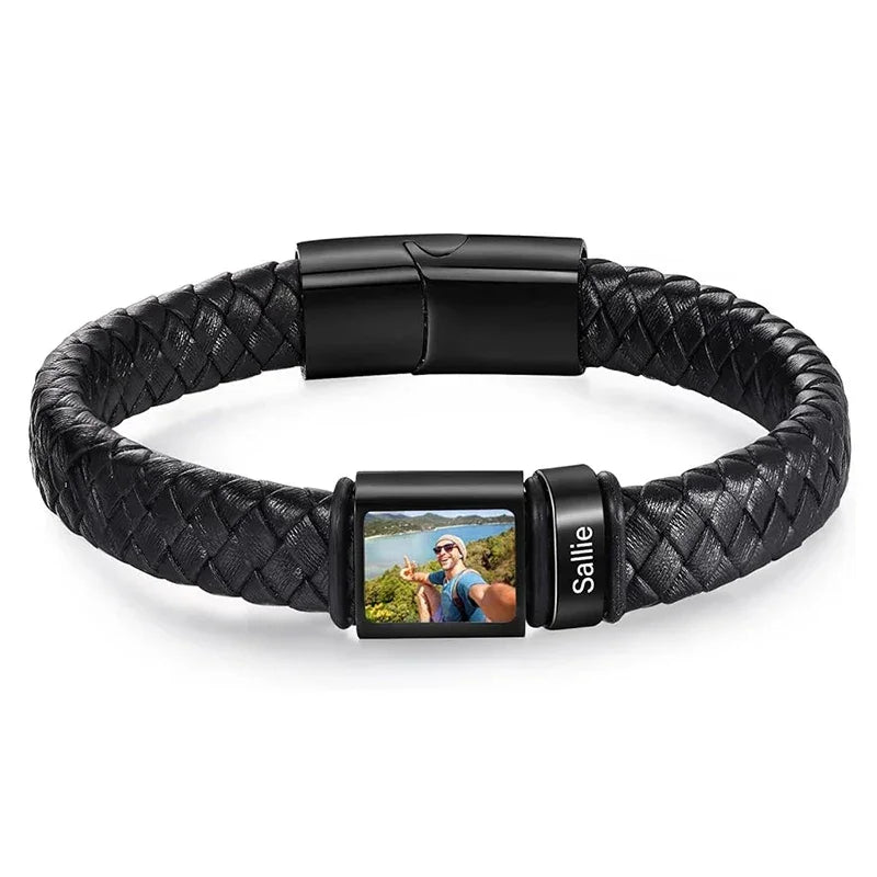 Bracelet en Cuir Homme Personnalisé Photo Famille Prénoms Gravés - bracelet prénoms homme GoHappy