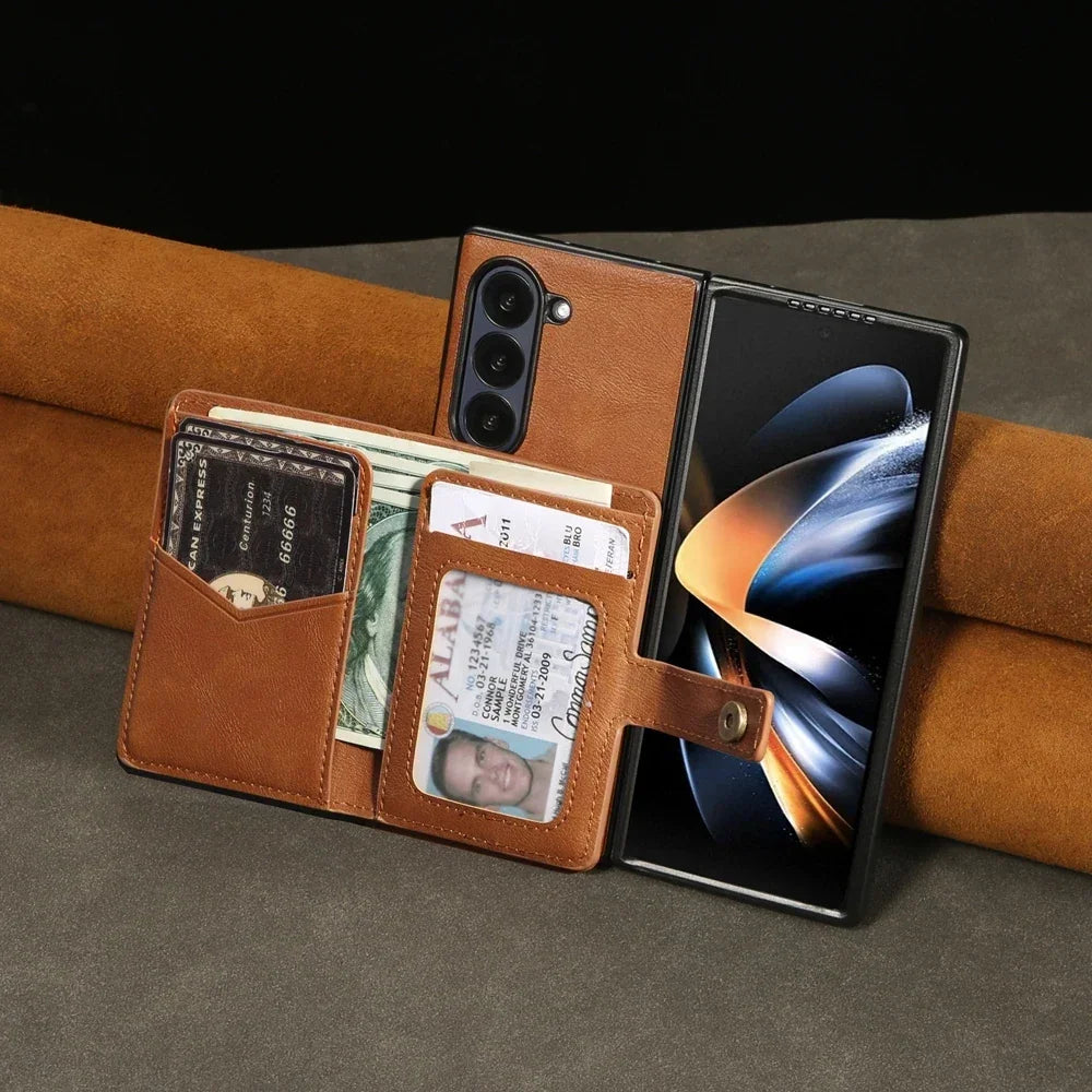 étui portefeuille en cuir marron pour smartphone avec fentes cartes et porte cartes GoHappy.fr