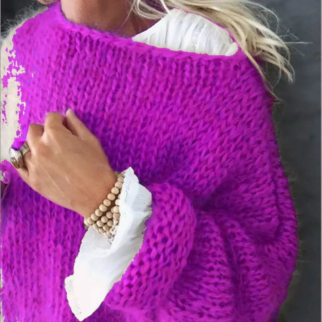 Pull femme Mila violet orchidée maille duveteuse manches longues encolure ronde GoHappy France