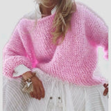 Pull femme Mila rose poudré maille duveteuse manches longues encolure ronde GoHappy France