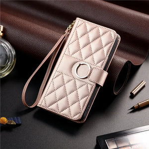 étui portefeuille téléphone cuir rose matelassé avec dragonne et anneau GoHappy.fr