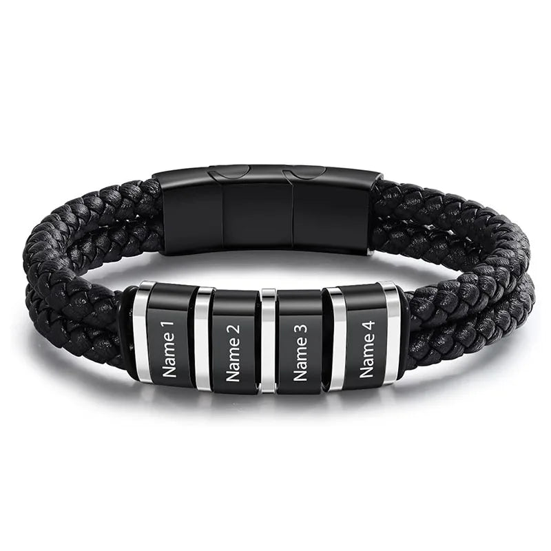 Bracelets Cuir Acier Personnalisé Gravure Prénoms Famille