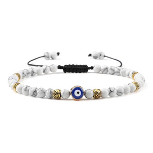 Bracelet Nazar Marbre Blanc doré, perles fines et motif œil bleu | GoHappy France