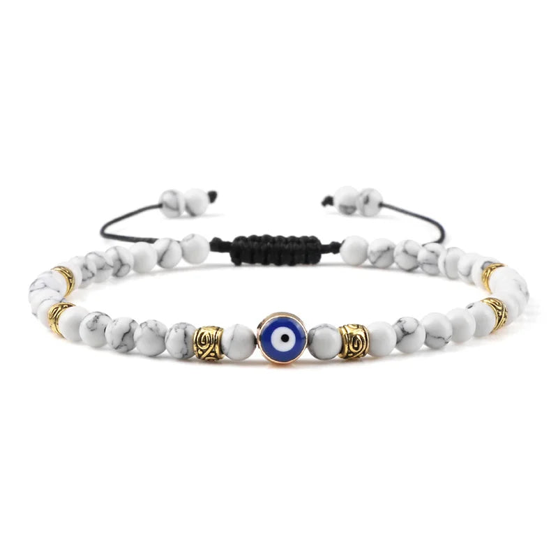 Bracelet Nazar Marbre Blanc doré, perles fines et motif œil bleu | GoHappy France
