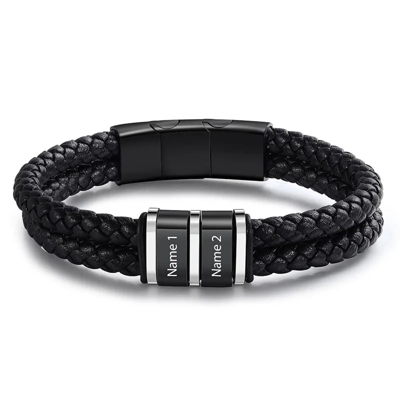 Bracelets Cuir Acier Personnalisé Gravure Prénoms Famille