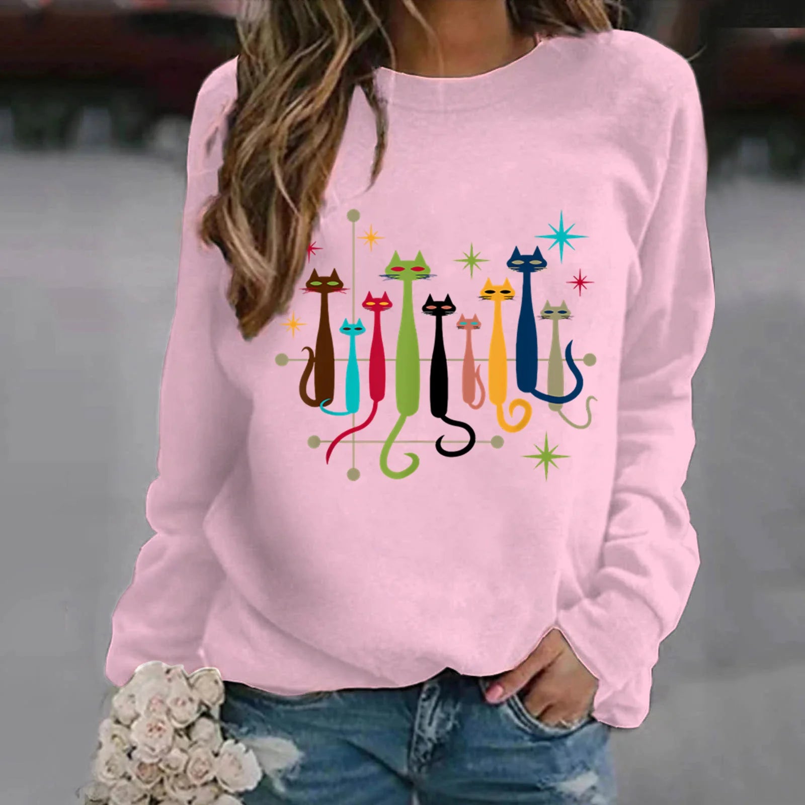 Sweatshirt à manches longues pour femme Motifs chats colorés