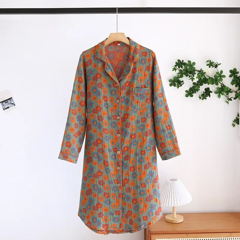 Chemise de Nuit Femme 100% Coton Floral Rétro Manches Longues - chemise de nuit GoHappy