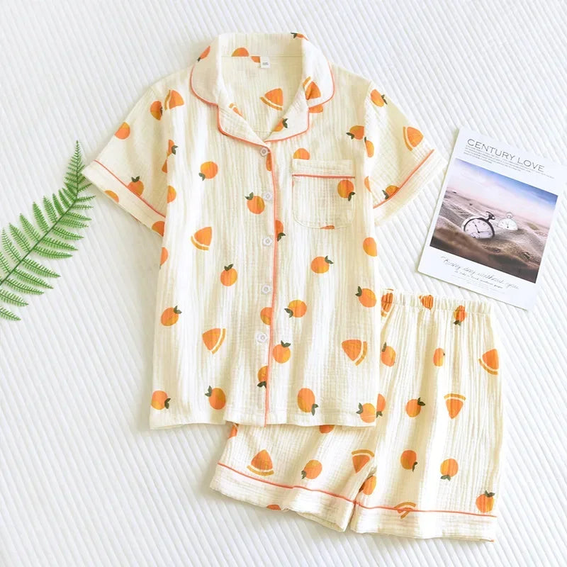 Ensemble Pyjama Femme Coton Crêpe Fleuri 2-3 Pièces Manches Courtes - pyjama femme GoHappy