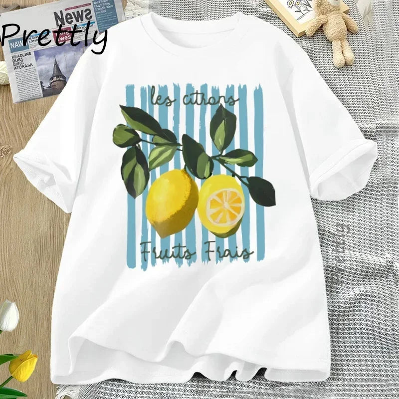 t-shirt blanc imprimé citrons fruits frais coton été femme tendance GoHappy France