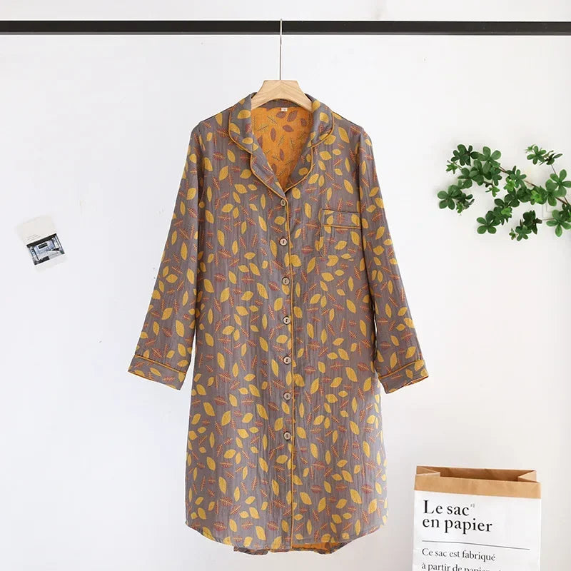 Chemise de Nuit Femme 100% Coton Floral Rétro Manches Longues - chemise de nuit GoHappy