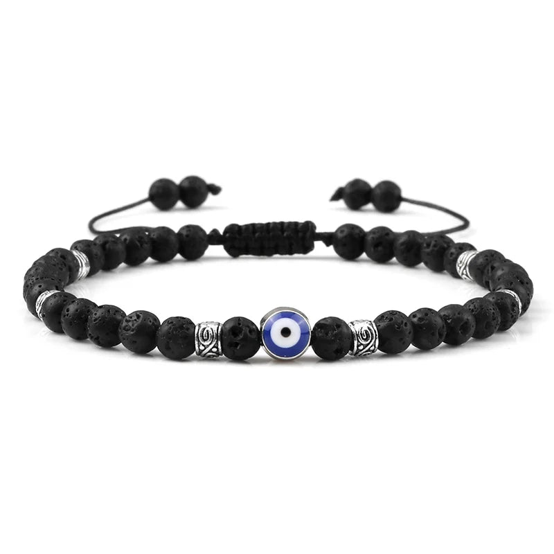 Bracelet Nazar Lave Noire argentée, perles fines et motif œil bleu | GoHappy France