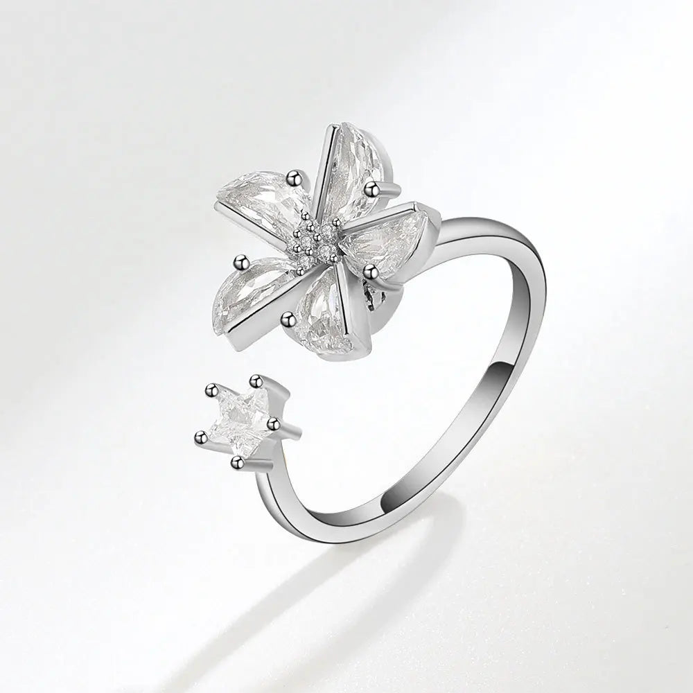 Bagues Spinner Rotatives Fleur Abeille en Cristal Argent Ajustables