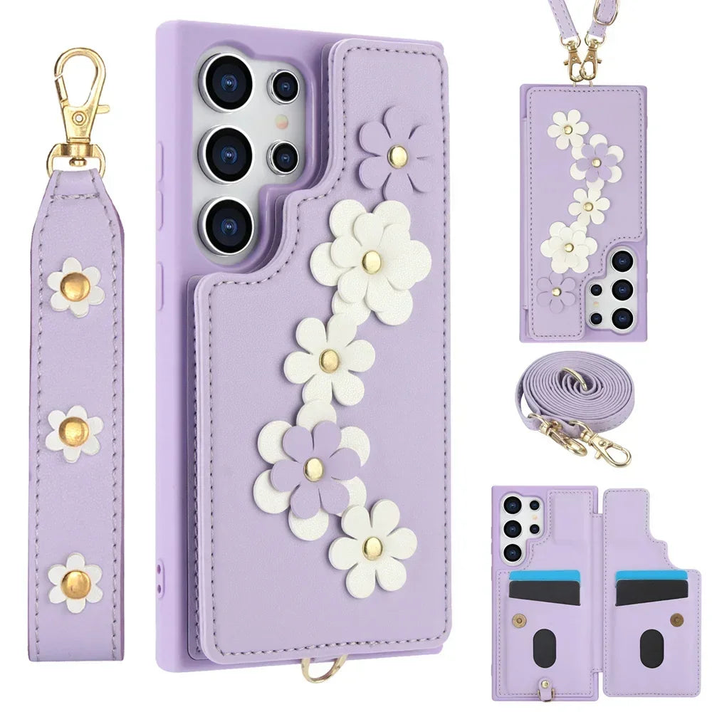 Coque Samsung portefeuille fleurie dragonne bandoulière - coques pour smartphone GoHappy