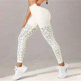 Legging Femme Ajouré Jacquard Taille Haute Slim Fitness Yoga