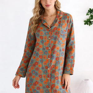 Chemise de Nuit Femme 100% Coton Floral Rétro Manches Longues - chemise de nuit GoHappy