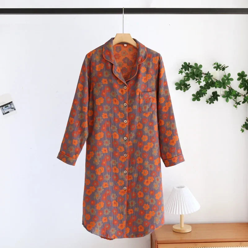 Chemise de Nuit Femme 100% Coton Floral Rétro Manches Longues - chemise de nuit GoHappy