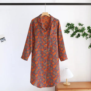 Chemise de Nuit Femme 100% Coton Floral Rétro Manches Longues - chemise de nuit GoHappy