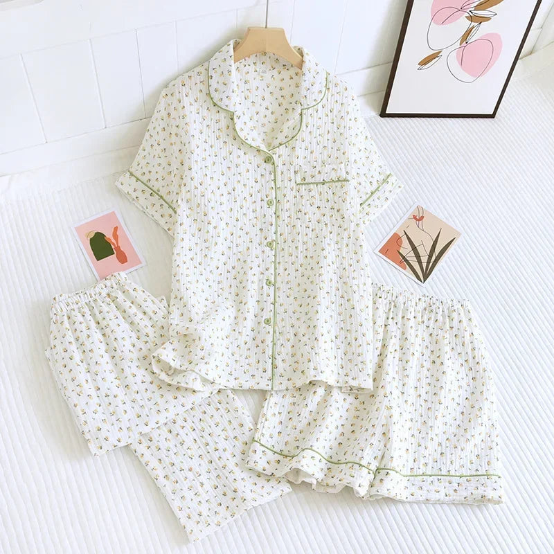 Ensemble Pyjama Femme Coton Crêpe Fleuri 2-3 Pièces Manches Courtes - pyjama femme GoHappy