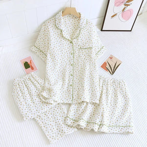 Ensemble Pyjama Femme Coton Crêpe Fleuri 2-3 Pièces Manches Courtes - pyjama femme GoHappy