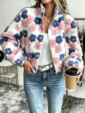 Bloom Days veste femme fleurie Bouquet Pastel fleurs roses et bleues polyester zip col montant manches longues GoHappy France