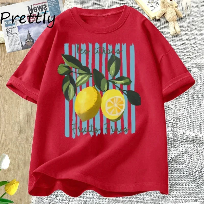 t-shirt femme rouge imprimé citron coton décontracté été tendance GoHappy France