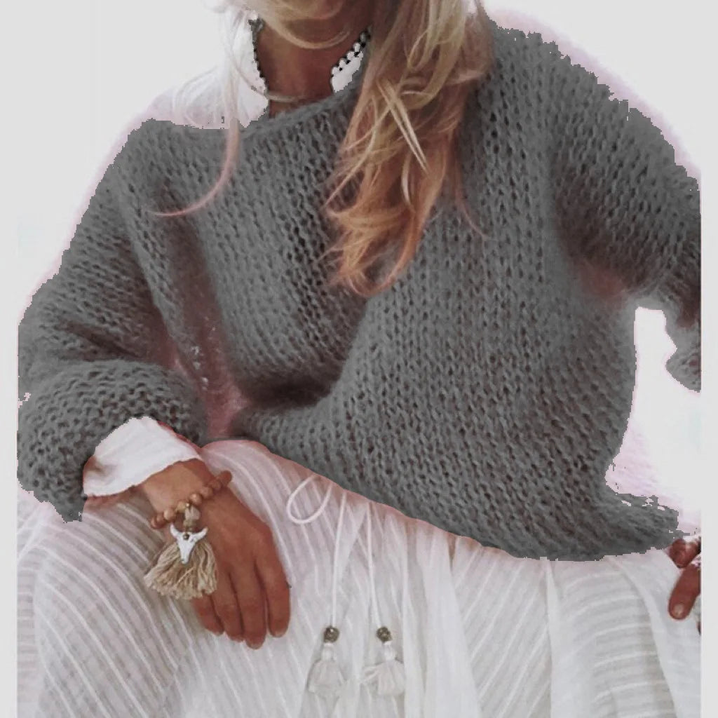 Pull femme Mila gris ardoise maille duveteuse manches longues encolure ronde GoHappy France