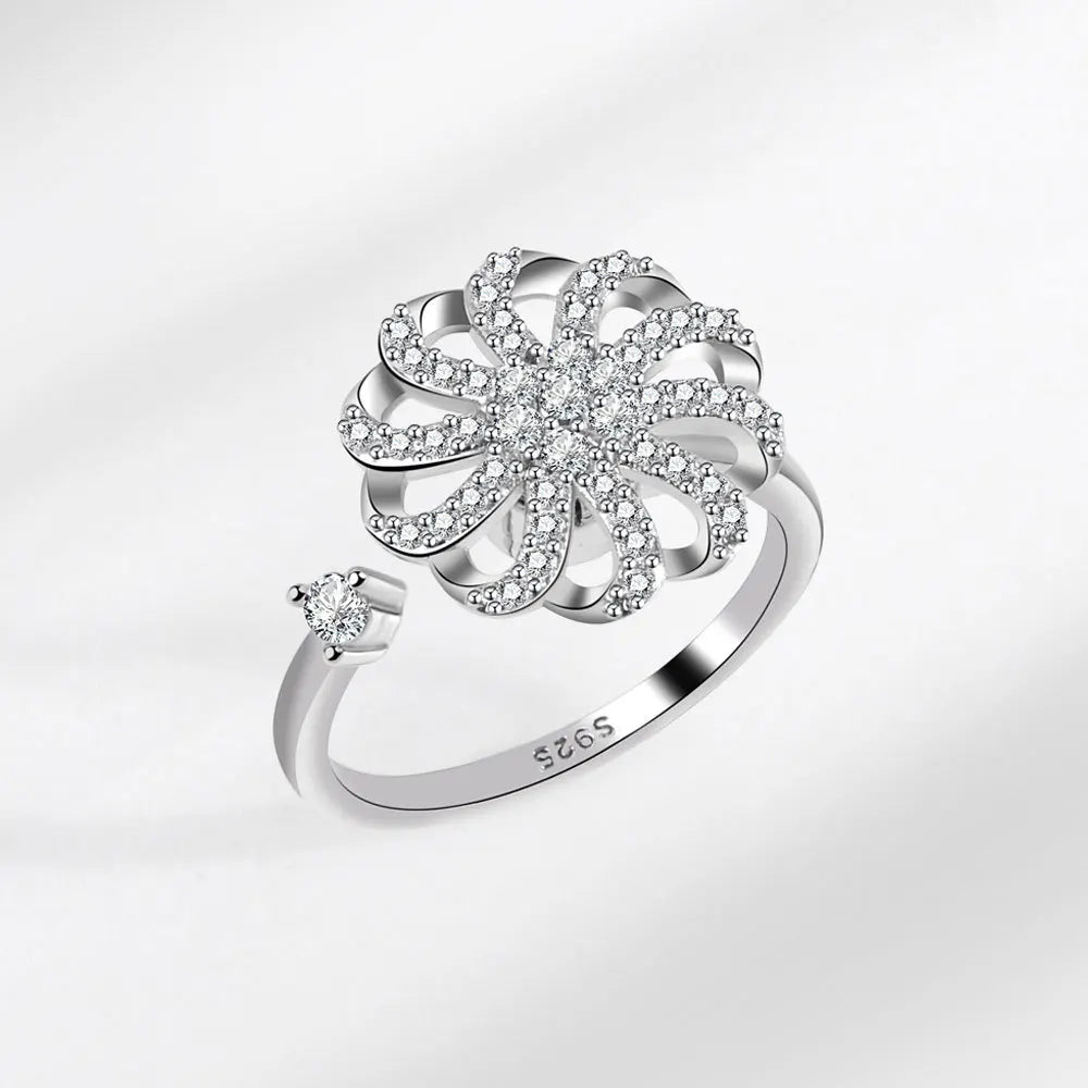 Bagues Spinner Rotatives Fleur Abeille en Cristal Argent Ajustables