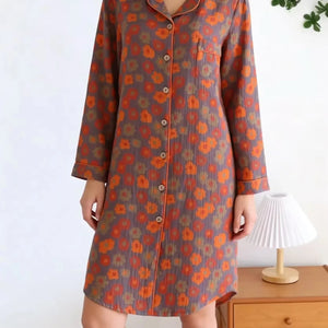 Chemise de Nuit Femme 100% Coton Floral Rétro Manches Longues - chemise de nuit GoHappy