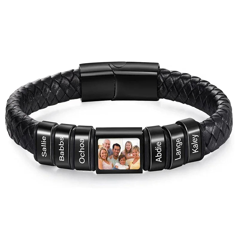 Bracelet en Cuir Homme Personnalisé Photo Famille Prénoms Gravés - bracelet prénoms homme GoHappy