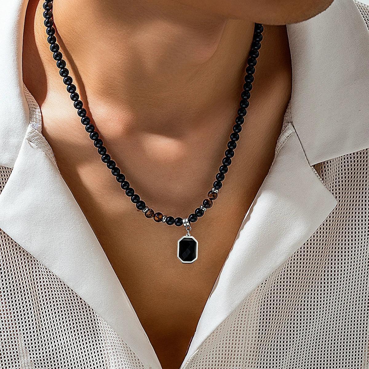 Collier Black Karma Perles Noires Pendentif Homme