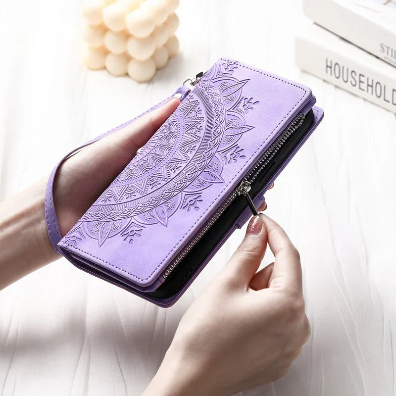Protection iPhone Mandala Zip Portefeuille Cuir Gaufré Porte-Cartes - Coques pour téléphones portables GoHappy