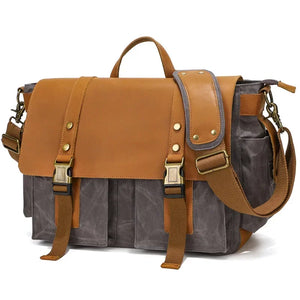 sac bandoulière vintage cuir marron et toile grise style sacoche voyage GoHappy.fr
