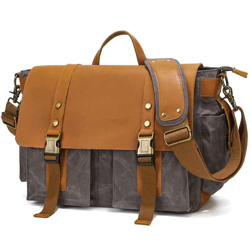 sac bandoulière vintage cuir marron et toile grise style sacoche voyage GoHappy.fr