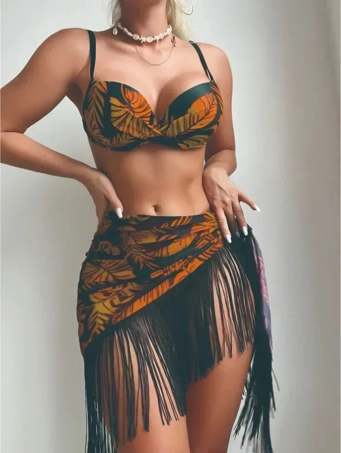 Bikini 3 pièces imprimé tropical avec jupe à franges - maillot de bain femme GoHappy