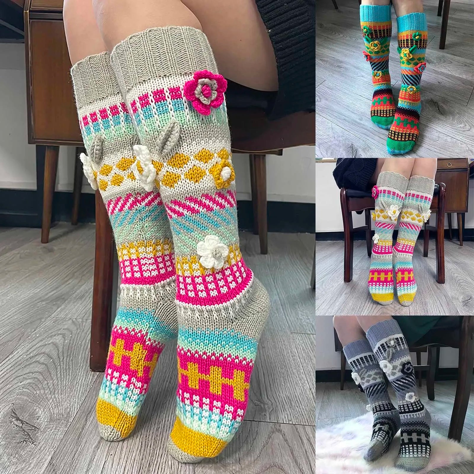 Chaussettes en Laine Colorées au Crochet pour Femmes