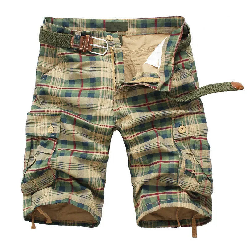 Short cargo homme été coton multipoches plage carreaux