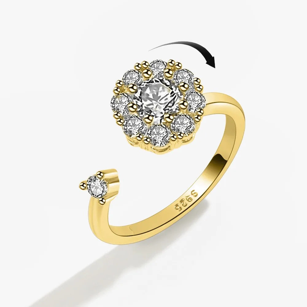 Bagues Spinner Rotatives Fleur Abeille en Cristal Argent Ajustables