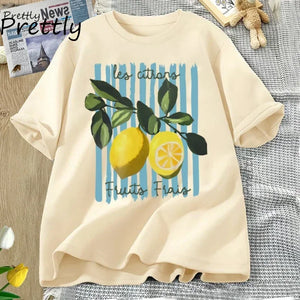 t-shirt femme motif citron coton imprimé fruits frais look estival cadeau original GoHappy France