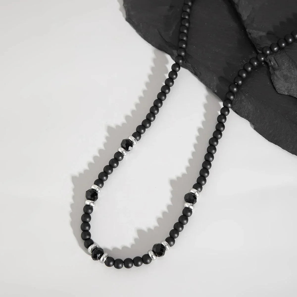 Collier Sautoir Perles Cristal Noir Sur Chaînes Argent & Noir - Neuf Avec étiquettes