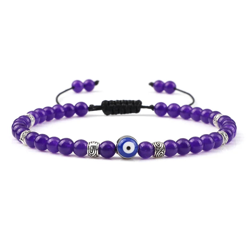 Bracelet Nazar Violet Iris doré, perles fines et motif œil bleu | GoHappy France