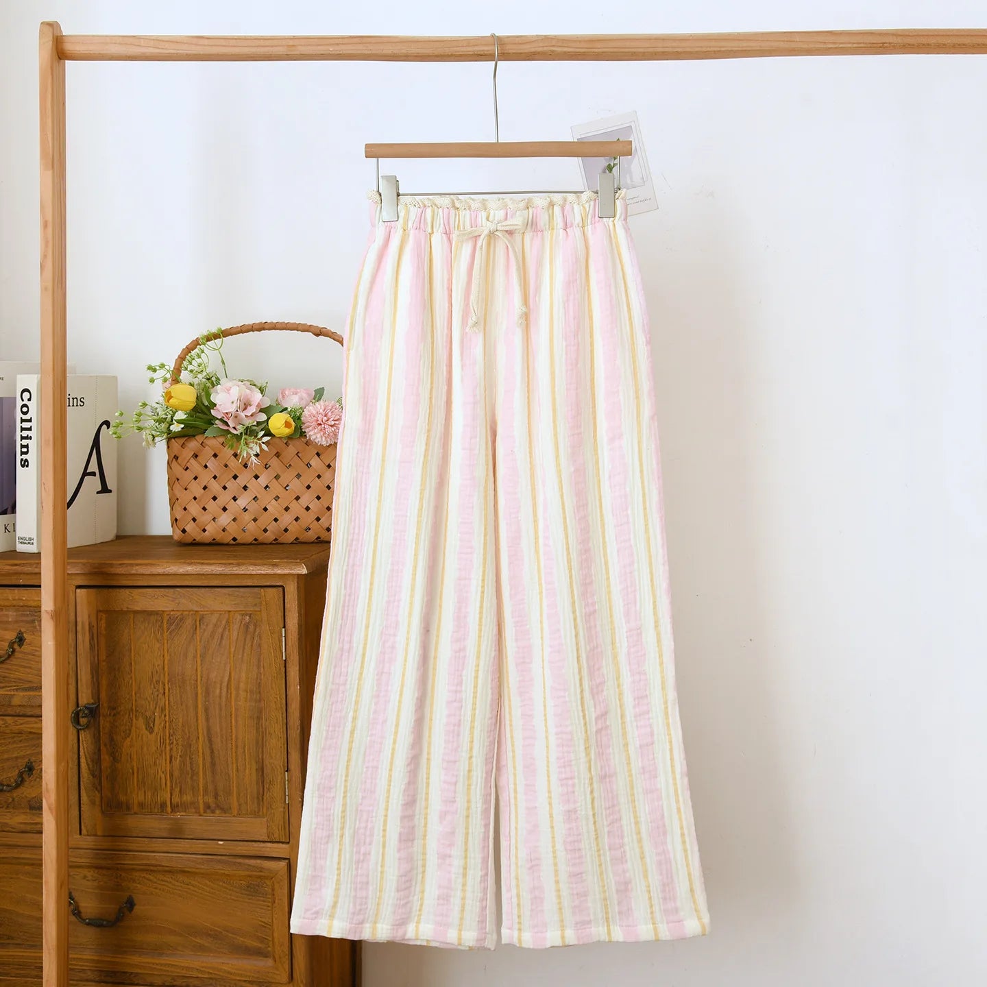 Pantalon Pyjama Femme Coton Crêpe Rayures Ample Taille Élastique