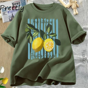 tshirt vert imprimé citrons motif fruits femme mode été coton confortable GoHappy.fr