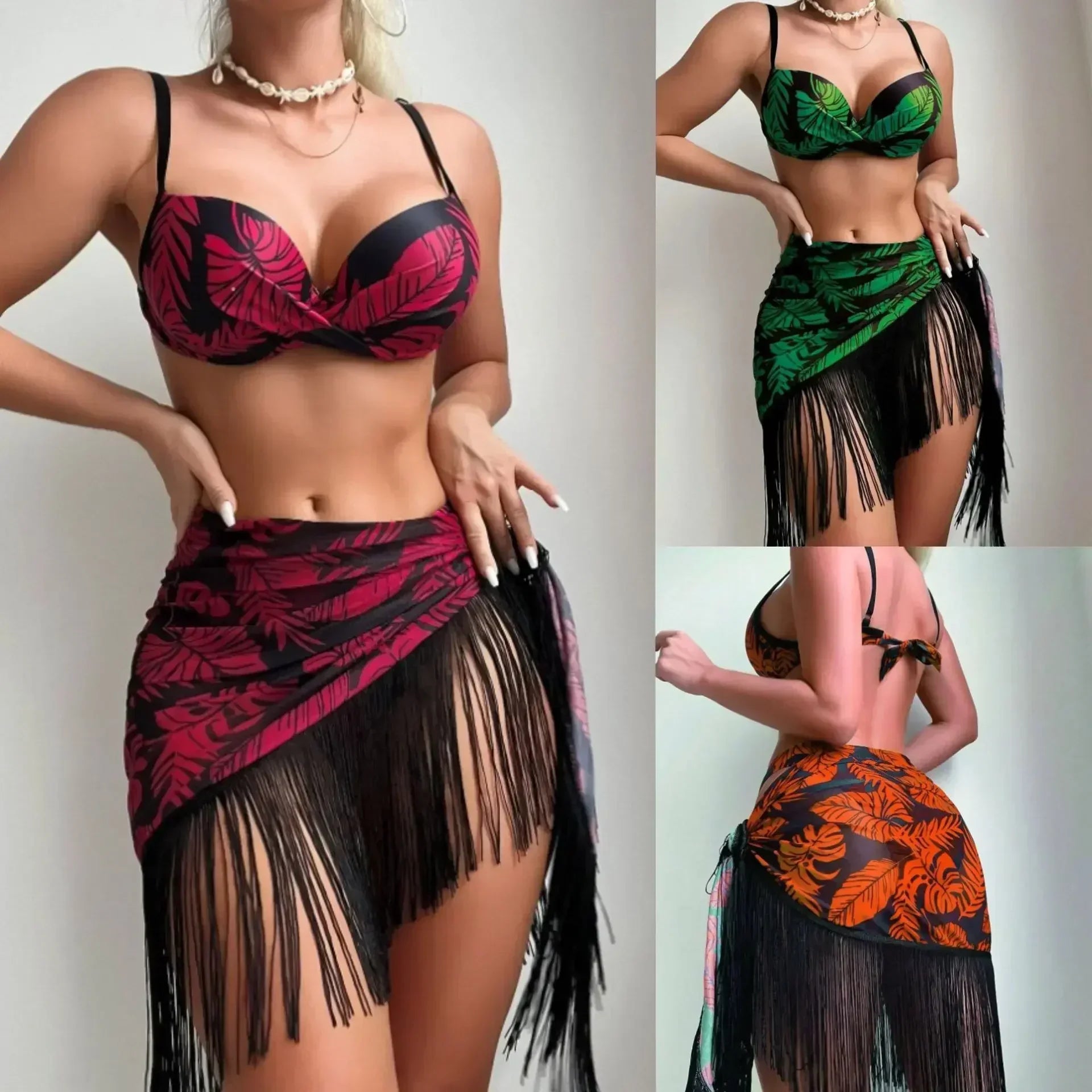 Bikini 3 pièces imprimé tropical avec jupe à franges - maillot de bain femme GoHappy