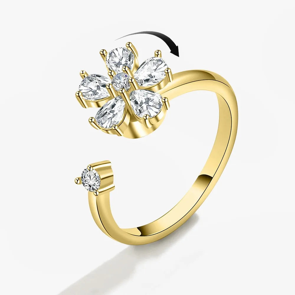 Bagues Spinner Rotatives Fleur Abeille en Cristal Argent Ajustables
