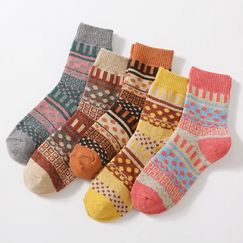 Paires Chaussettes Femme Chaudes Confort Rétro Ethnique Hiver par 5pcs