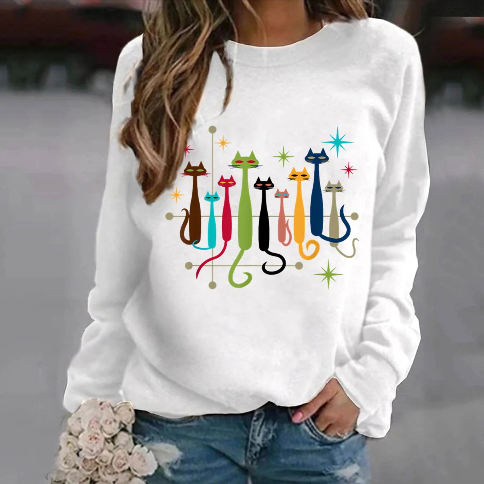 Sweatshirt à manches longues pour femme Motifs chats colorés