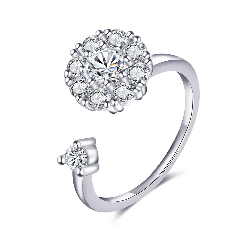 Bagues Spinner Rotatives Fleur Abeille en Cristal Argent Ajustables