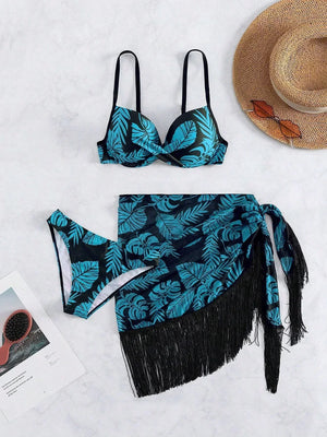 Bikini 3 pièces imprimé tropical avec jupe à franges - maillot de bain femme GoHappy