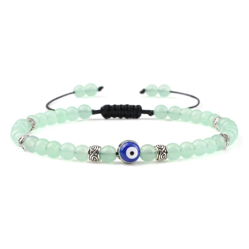 Bracelet Nazar Menthe Douce argentée, perles fines et motif œil bleu | GoHappy France